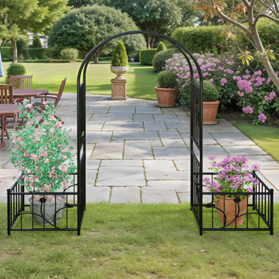 Arche de jardin en métal noir H 76 po avec bacs à fleurs, arche de mariage pour la cérémonie, tonnelle d'extérieur résistante aux intempéries pour plantes grimpantes, pelouse, patio ou cour arrière