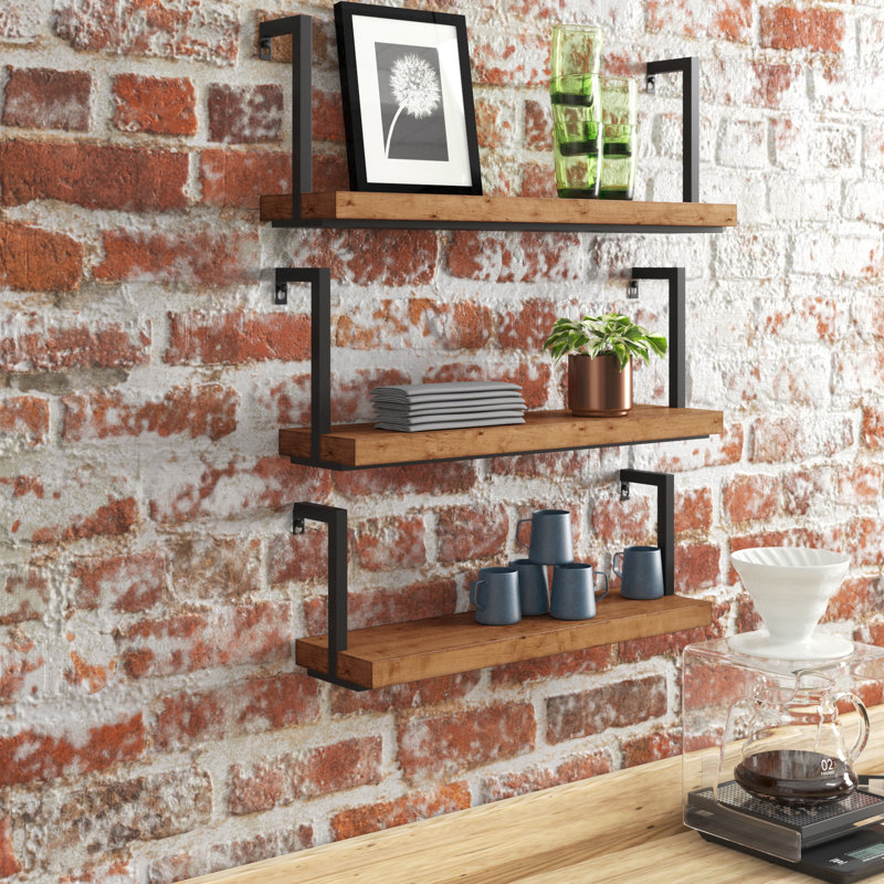 Wood Minimalistic Floating Brown Wall Shelf with Black Metal Frames Set