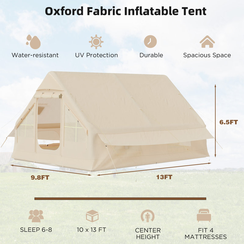 Inflatable Tent for 8-10 Person, Fast Setup with Pump, Flame-Retardant Stove Jack, 210D Oxford Fabric, Vents