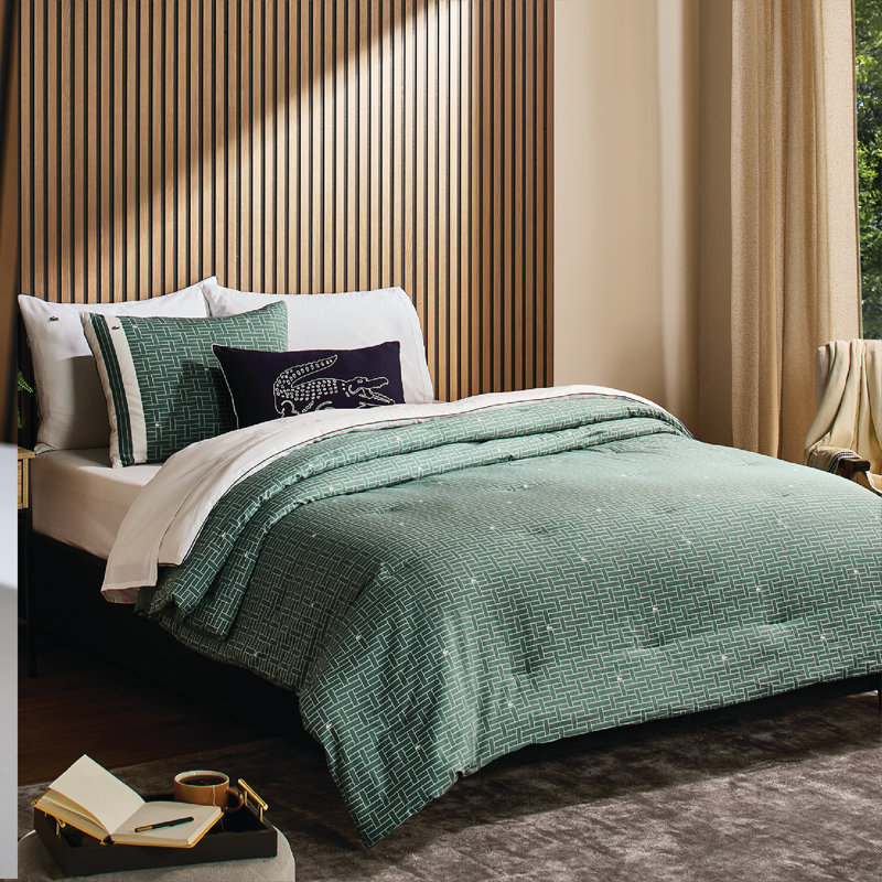Lacoste Heritage Geo 100% Cotton Comforter Set, Soft Breathable All-Season with Embroidered Crocodile, King 3-Piece Green