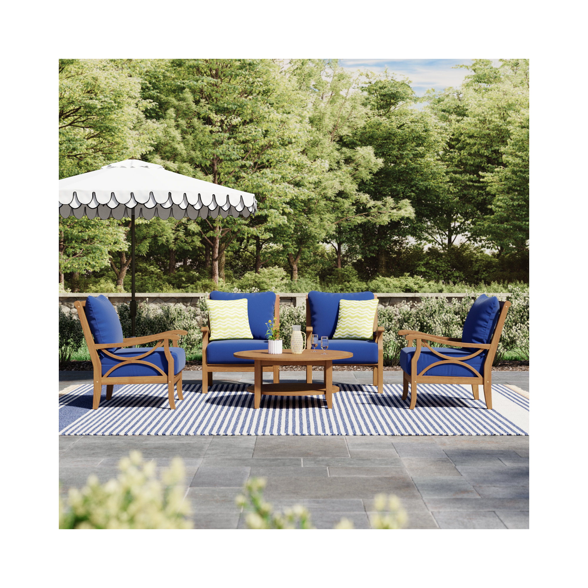 Brunswick 4-Person Teak Outdoor Conversation Set with Cushions, Navy Performance