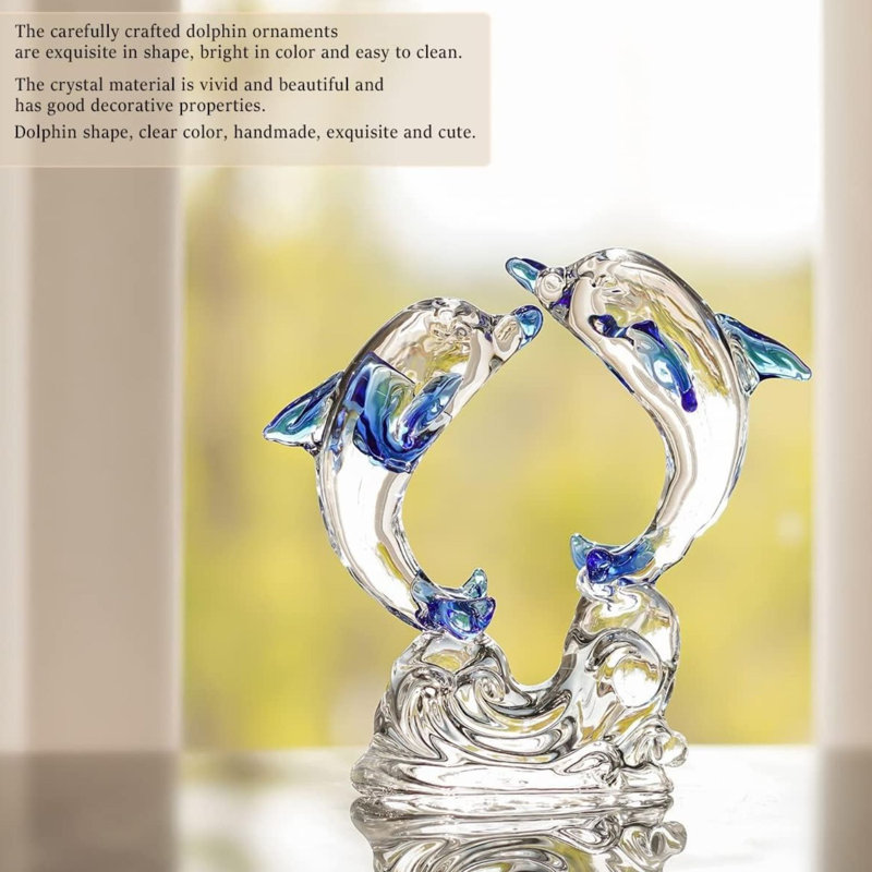 Double Crystal Glass Dolphins Figurines Clear&blue 2