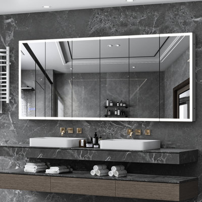 Armoire de salle de bain 96 x 40 pouces avec éclairage DEL et miroir, encastré ou mural, 3 températures de couleur, effet brume, luminosité réglable, étagères de rangement éclairées pour les médicaments, métal argenté
