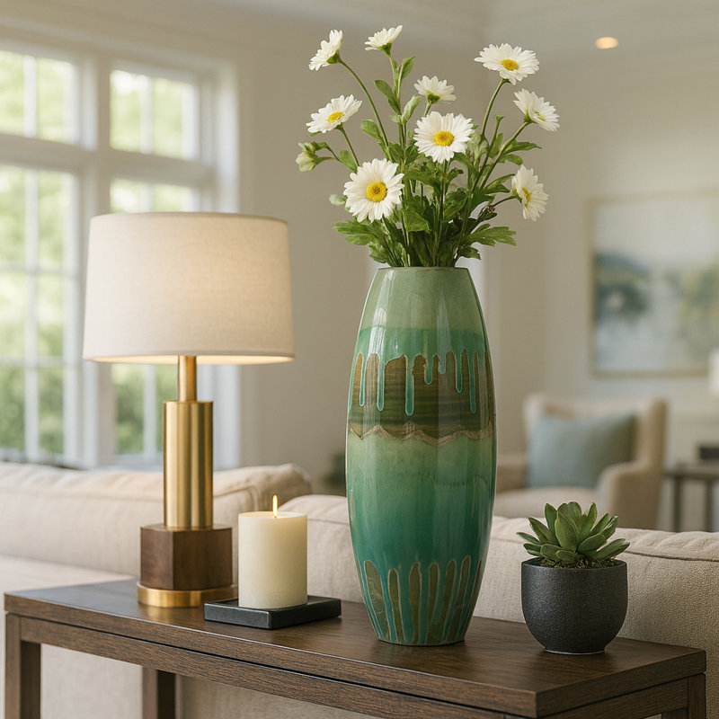 Handcrafted Pottery and Metal Decorative Vase with Textured Detailing, 21" H x 8" W x 8" D