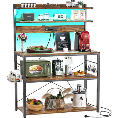 5-Tier Bakers Rack With Power Outlet And LED Lights, Microwave Stand Coffee Bar Station With 6 S-Hooks, Kitchen Storage Shelf And Organizer Rack, Rustic Brown