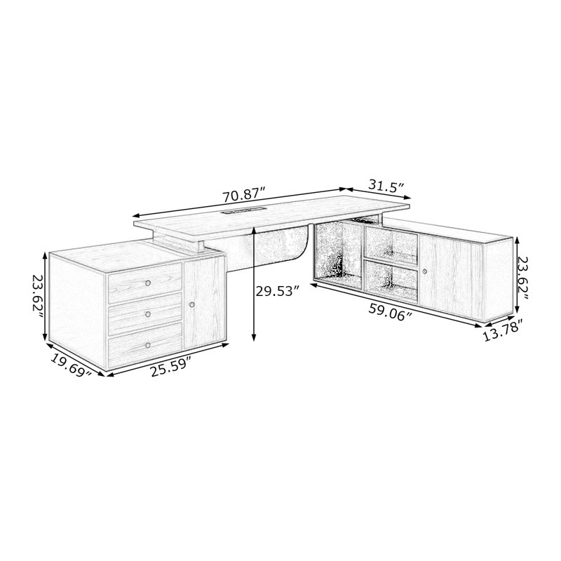 Bureau de direction brun en L en bois massif avec 3 tiroirs, H 29,53 po x l 70,87 po x P 59,06 po, Retour à droite