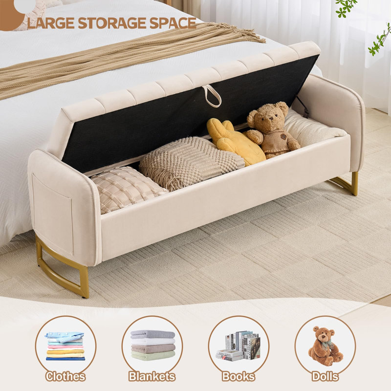 66"W Upholstered Velvet Modern Bedroom Storage Bench End of Bed with Gold Legs,Arm Pocket and 2 Pillows, Beige Velvet, 66'' W