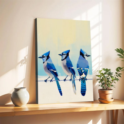 Three Blue Jay Birds On Rope Modern Oil Art Large Gallery Wrapped Canvas Wall Art Print For Living Room Bedroom
