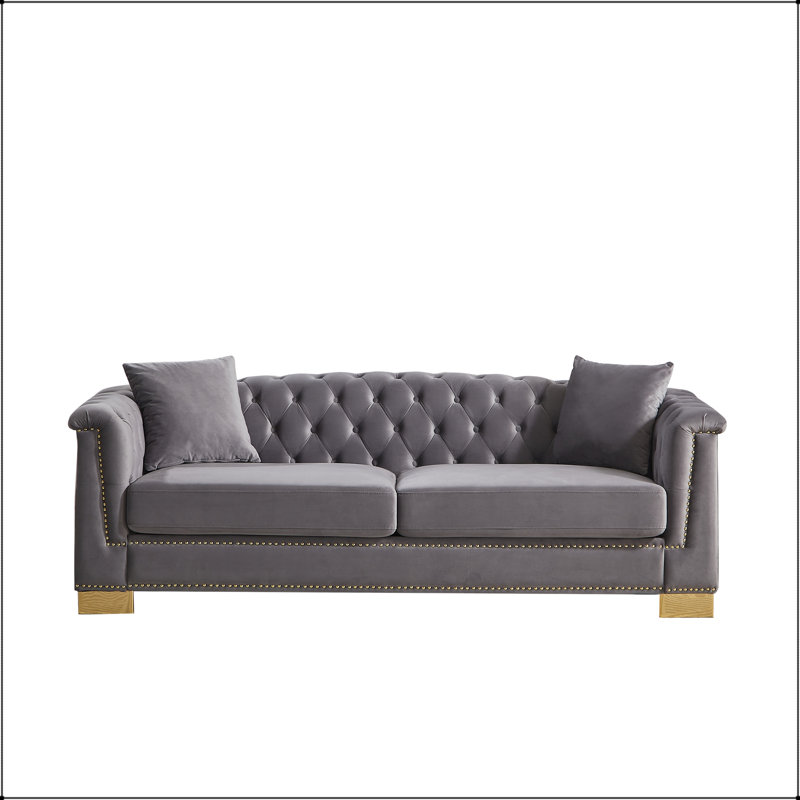Canapé Chesterfield classique 84 po en velours 3 places avec têtes de clous dorées, Grey Velvet
