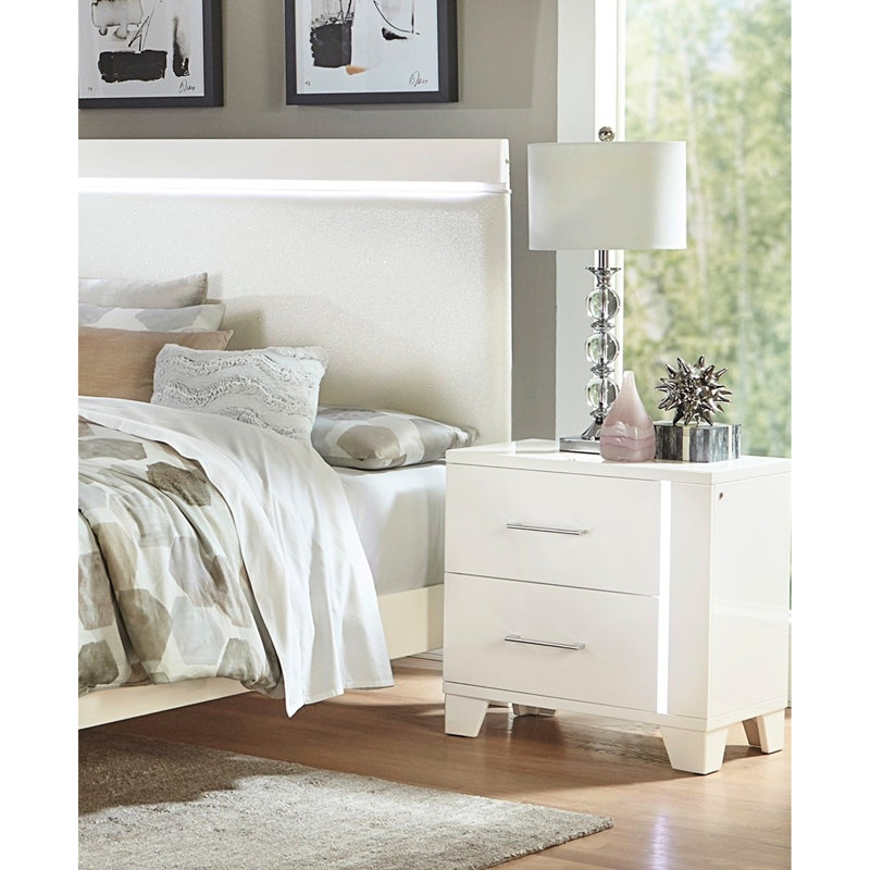 Table de chevet de luxe en bois blanc avec DEL et 2 tiroirs