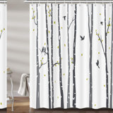 Rustic Birch Forest Shower Curtain - Neutral Grey Tree Design with Rowley Birds, Black and White Abstract Bathroom Decor, Hooks Included