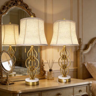 Set Of 2 Table Lamps With USB Charging Ports And Pull Chain Switch, Curved Iron Art Design With Linen Shade For Bedroom Nightstand And Living Room Decor