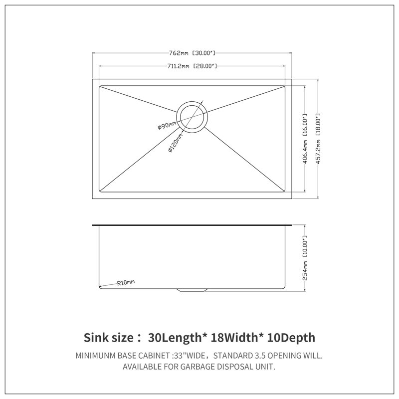 30"X18"X10" Gunmetal Black Undermount  Kitchen Sink 16 Gauge Single Bowl With Drain Assembly