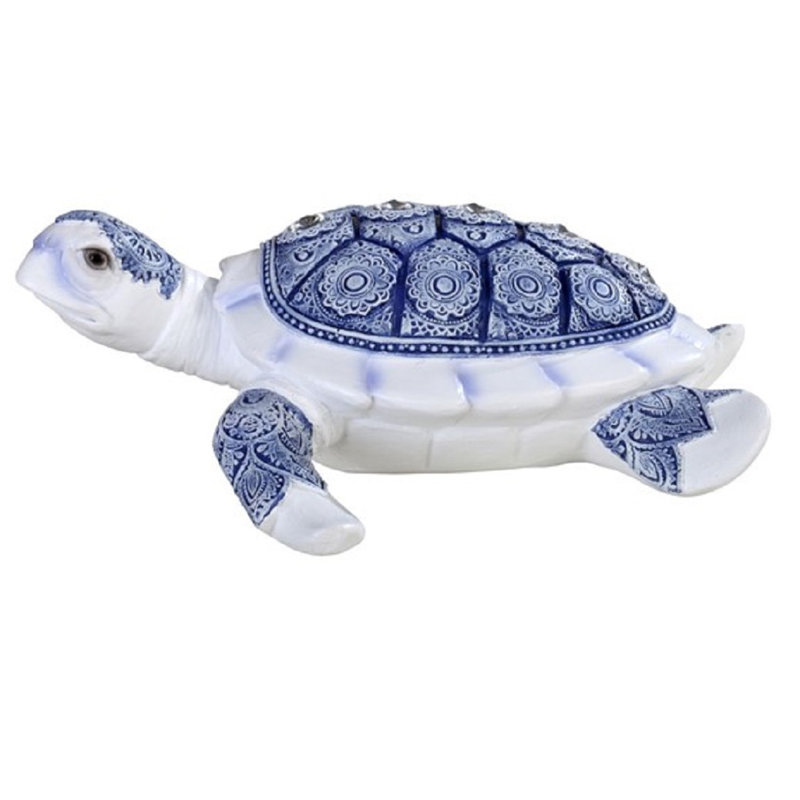 Blue and White Resin Sea Turtle Figurine, 7" Wide
