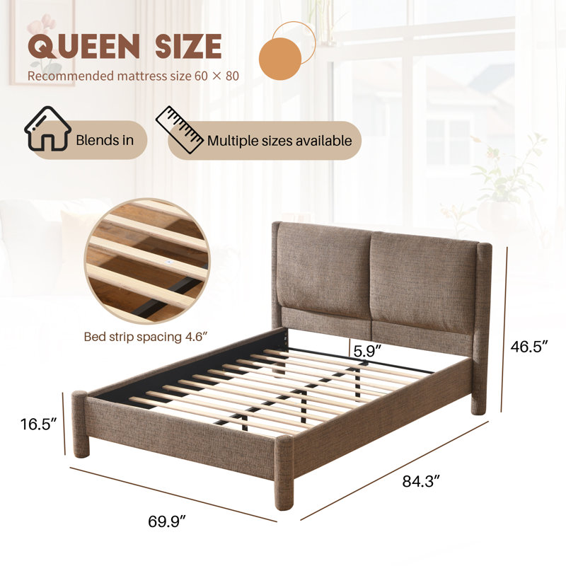 Upholstered Platform Bed with Tufted Headboard, Modern Minimalist Bed Frame for Bedroom, Soft Fabric Upholstery Bed, Brown