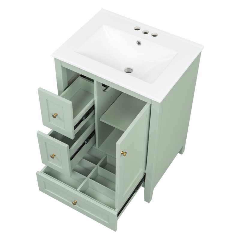 Meuble-lavabo de 61 cm (24 po) avec lavabo, tablette réglable, séparateurs amovibles, vert