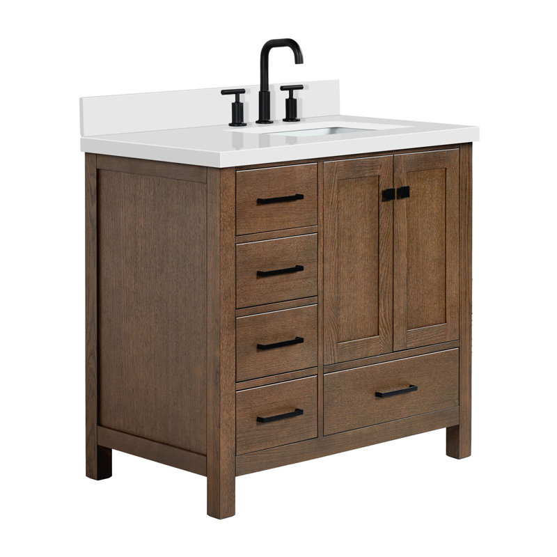 Cambridge 37'' W Single Vanity, Rectangular, Brown Oak, Pure White Quartz