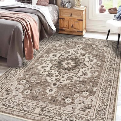 Washable Oriental Area Rug - Rugs for Living Room Soft Carpet for Bedroom Waterproof Floral Distressed Indoor Stain Resistant Non-Shedding Floor Carpets (Orange)