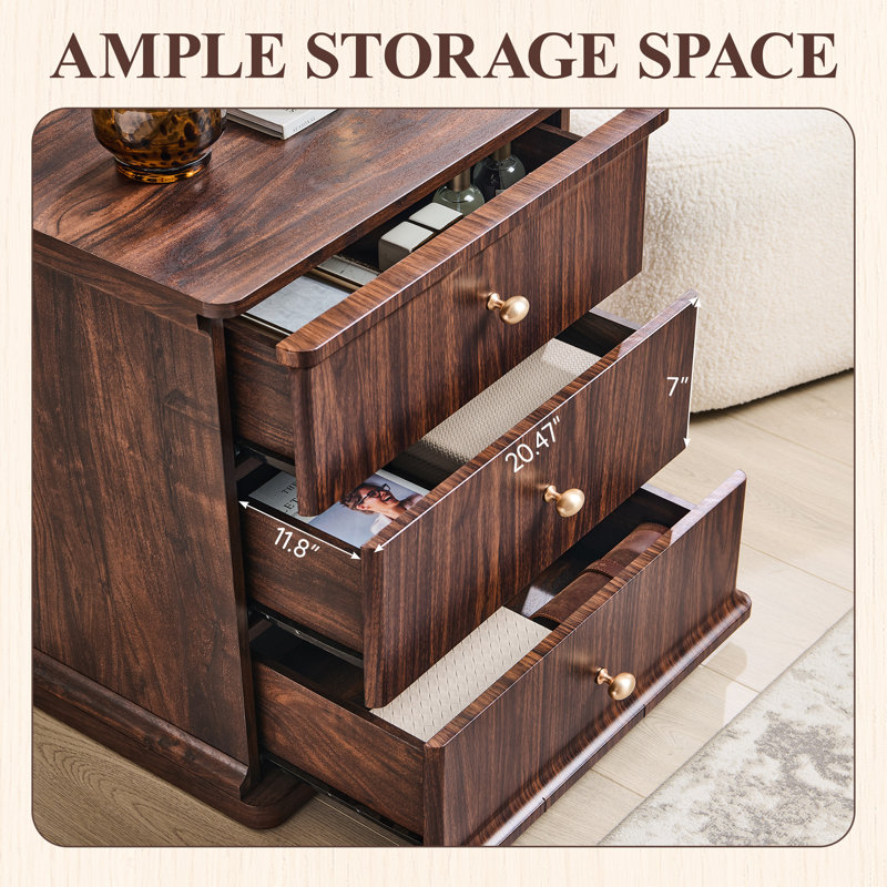 Table de chevet moderne de 23,6 po de hauteur avec station de charge, table de chevet en bois de 21,65 po de largeur avec 3 tiroirs de rangement, grande table de bout de style Mid-Century pour la chambre à coucher, brun 