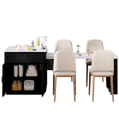 Extendable Dining Table Kitchen Island For 4-6, Black Cabinet, Ample Storage, 2 Lockable Wheels, 1 Type-c Port With Expandable Faux Marble, Double