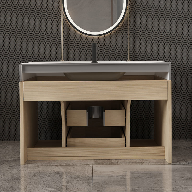 Meuble-lavabo flottant avec comptoir en pierre frittée et lavabo encastré en céramique, meuble-lavabo mural pour petite salle de bain