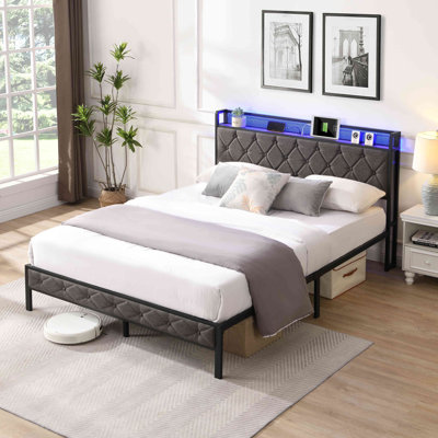 Base de lit avec tête de rangement avec tête de rangement et lumières DEL Lit plateforme tapissier avec lattes en métal lourd Aucun sommier requis Assemblage facile