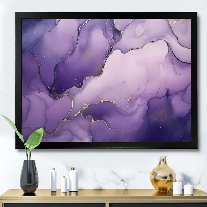 Mauve et or marbré encre de nuages - art mural fractales, Cadre simple noir, H 30 po x l 40 po x P 1,5 po