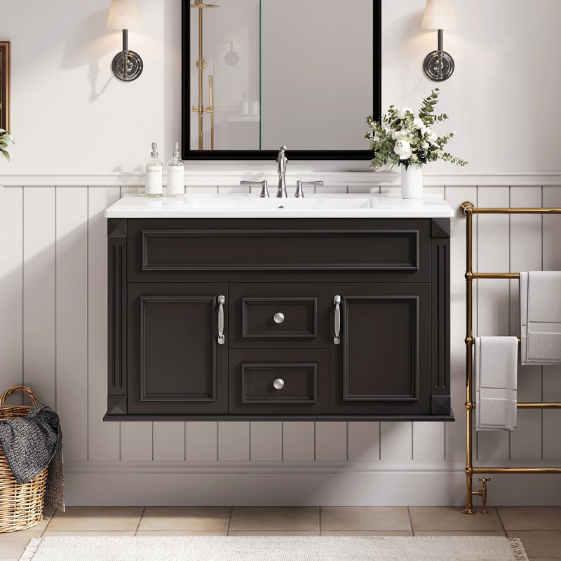 Armoire murale 36 po avec lavabo et tiroirs en céramique, meuble-lavabo simple de style français avec charnières à fermeture douce