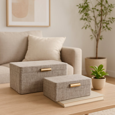 Decorative Casual Fabric Organizer Box With Lid For Home Decor - Modern Keepsake Storage Ideal For Photos Or Living Room Decor - Set Of 2", 9", Brown