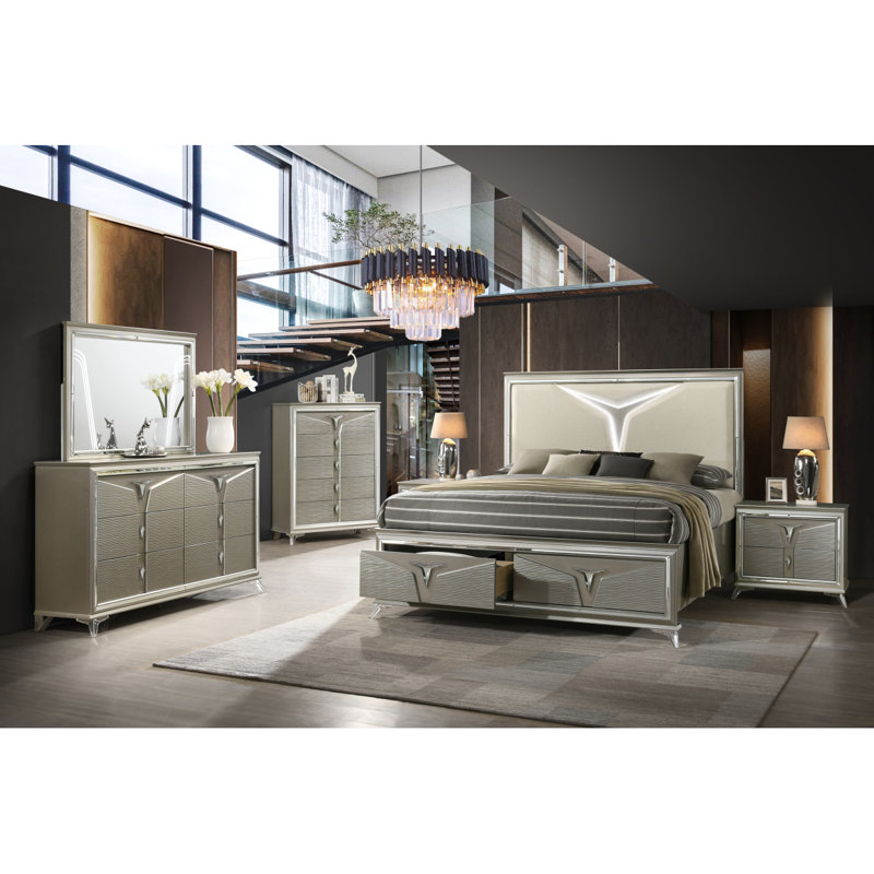 Ensemble de chambre à coucher de style moderne 5 pièces en bois et tête de lit à DEL, Très grand lit