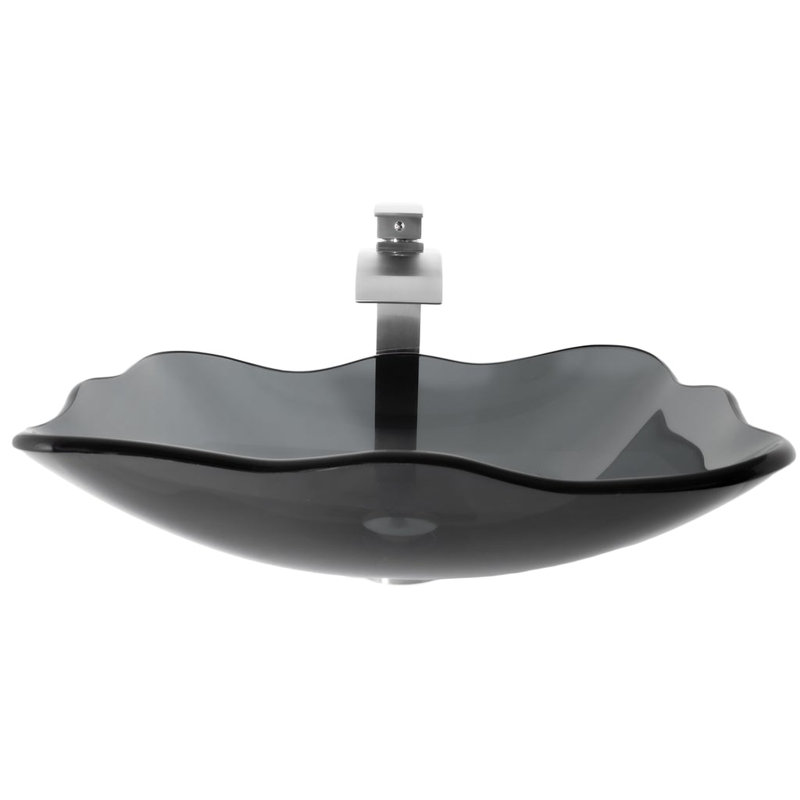 Novatto 15'' Glass Bathroom Sink with Faucet, Black, Brushed Nickel