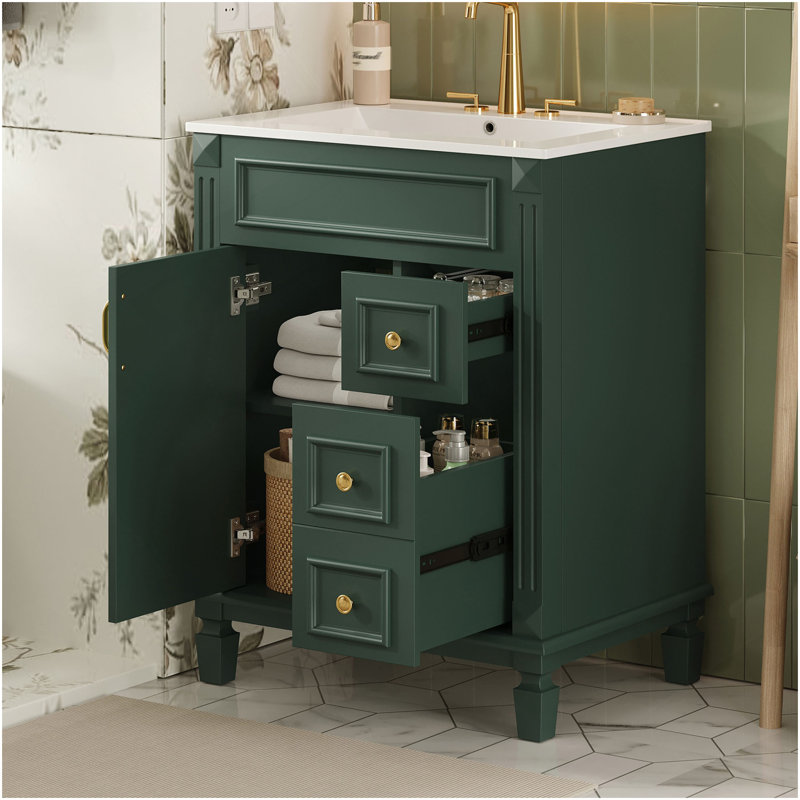 Meuble-lavabo 24 po avec lavabo en céramique, petite armoire de salle de bain, armoire moderne avec 2 tiroirs et tablette réglable