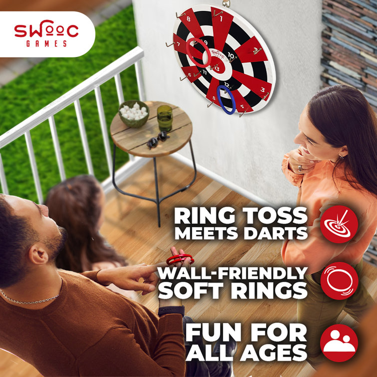 SWOOC Hook Darts Ring Toss Game Wood Board and Soft Rings