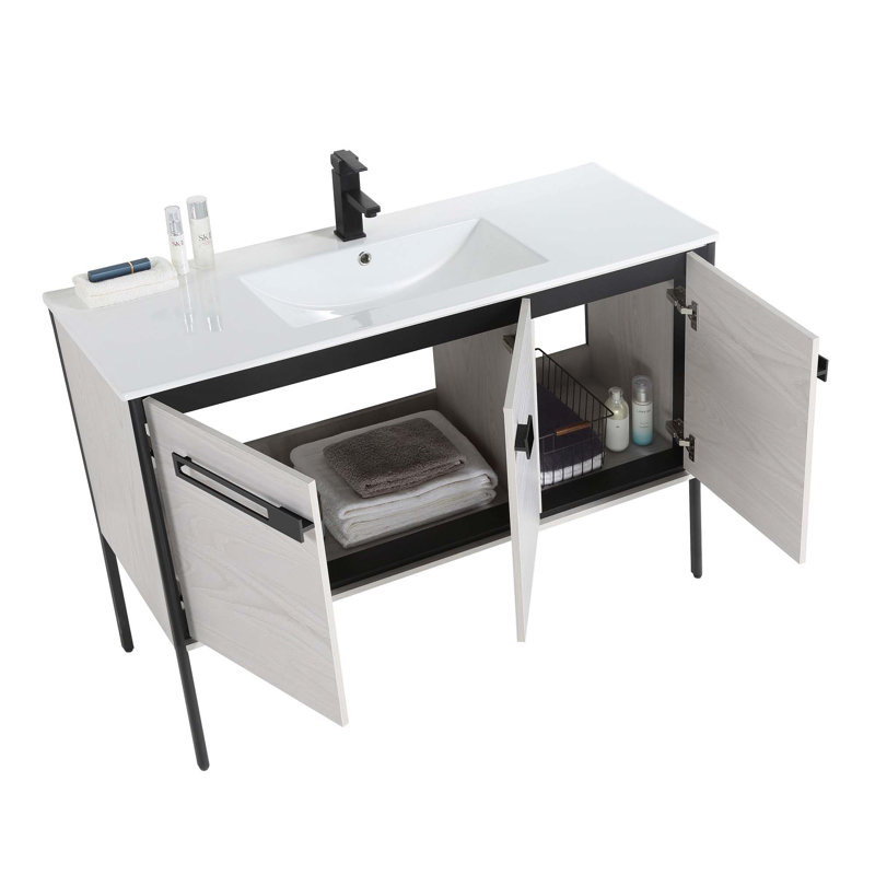 48" Single Bathroom Vanity, Matte Black, Mild Gray Oak