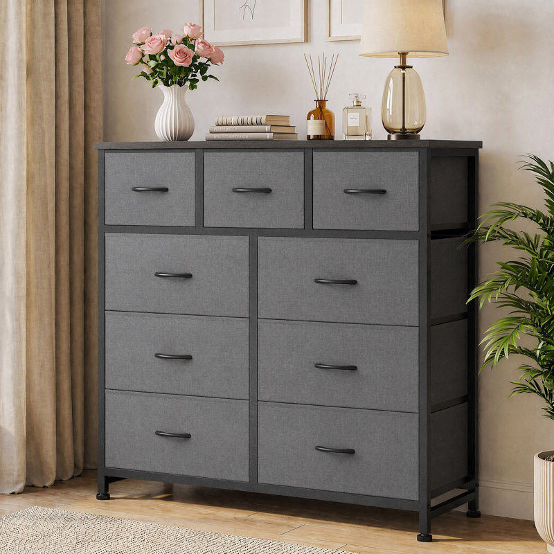 Commode en tissu à 9 tiroirs avec plateau en bois et commode l 39,37 po Charvi, Gris / Noir