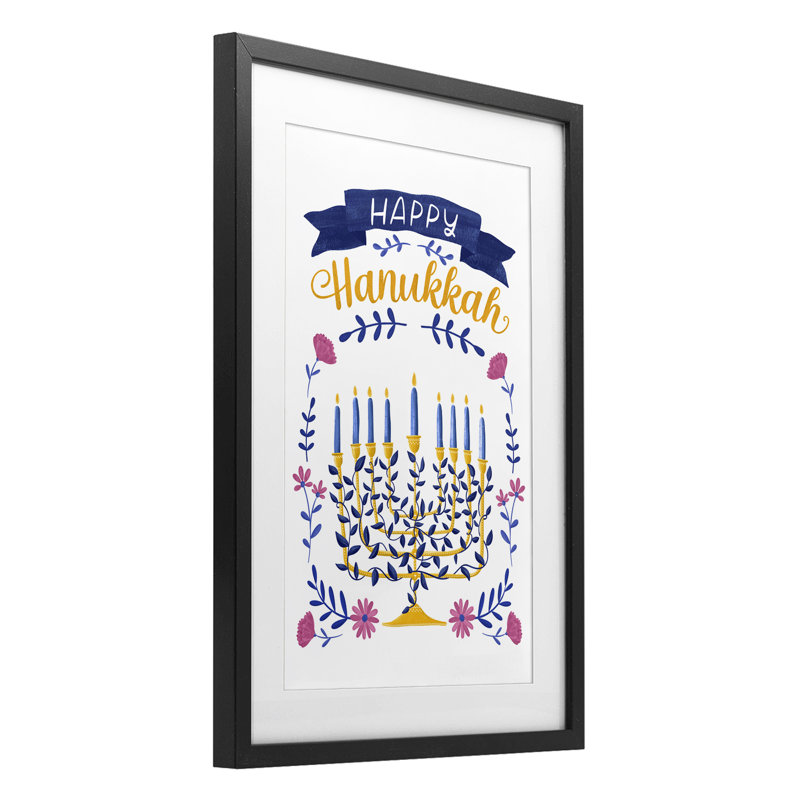 Floral Menorah Happy Hanukkah, reproduction encadrée sous verre, conception de JJ Design House LLC, H 20 po x l 14 po