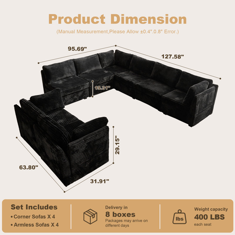 Hogle 8-piece Modular L-shaped Plush Corduroy Sectional Sofa With Loveseat, Cozy Living Room Furniture Set, Black Plush