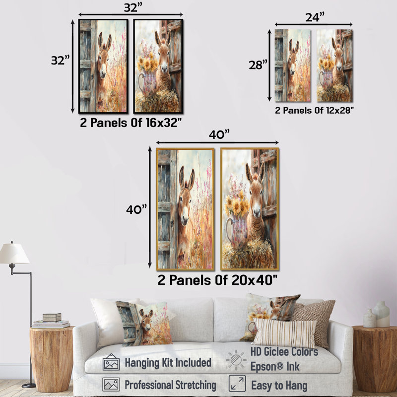 Portrait d'âne du doux voyageur II - collection d'art mural animaux 2 pièces, H 40 po x l 41 po, Cadre flottant noir