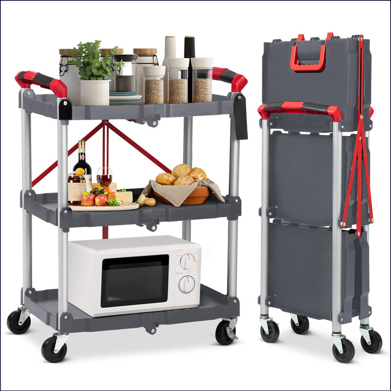 Foldable Utility Carts With Wheels, 3-tier Holds Folding Rolling Cart With Fixed Rope, Pack-n-roll Collapsible Service Cart For Home, Office, Garage, And Warehouse - No Assembly Required
