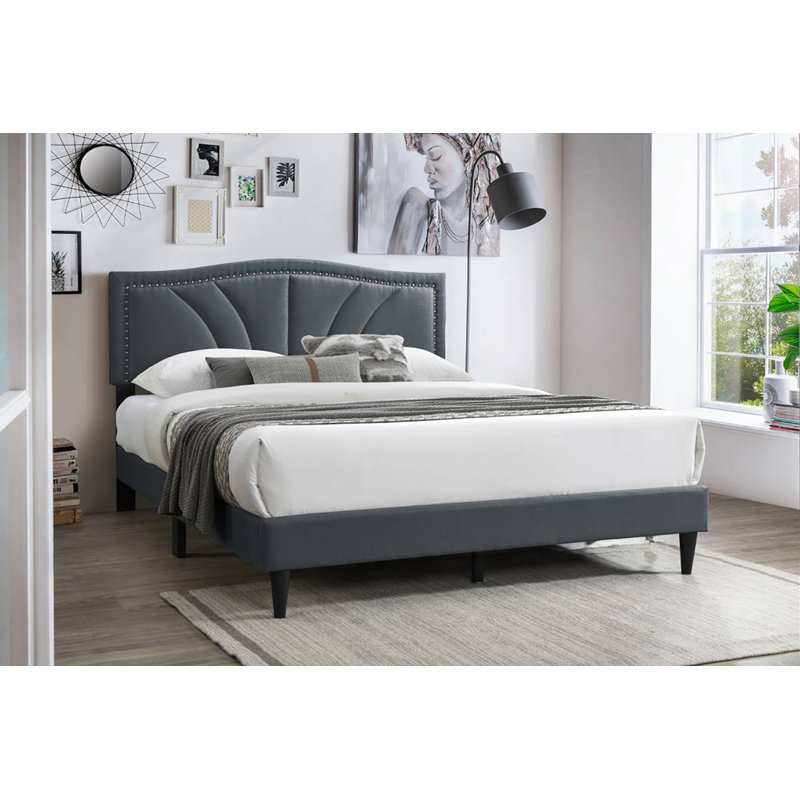 Lit Reo, tête de lit tapissier courbée, Gris anthracite, Grand