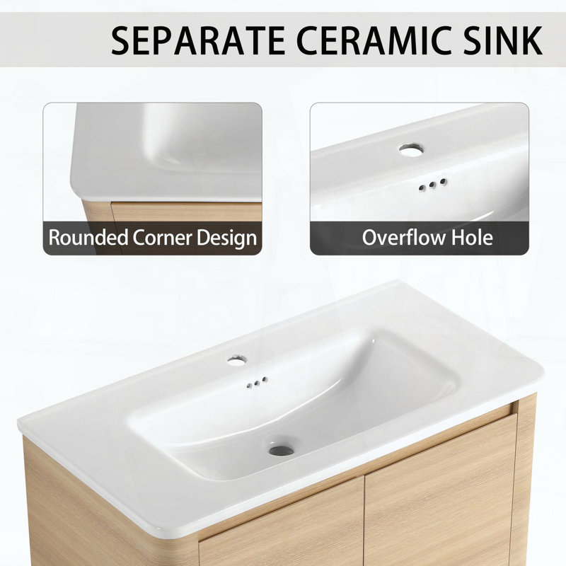 Meuble-lavabo autoportant de 36 pouces avec lavabo en céramique blanche et 2 portes à fermeture en douceur, Ameican White Oak