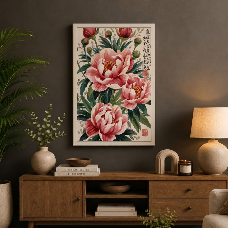 Moonlit Peonies Botanical - Wrapped Canvas, 30x20 - 76.2 x 50.8 cm, Sage Border