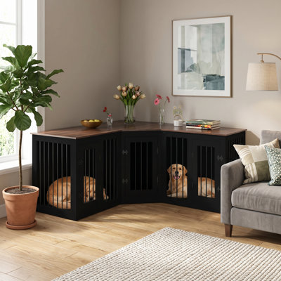 Grand meuble d'angle pour cage pour 3 chiens, chenil en bois et meuble télé pour 3 chiens avec portes verrouillables pour petits et grands chiens