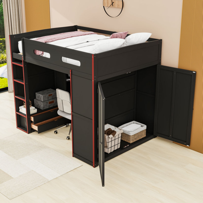 Lit mezzanine double en bois avec bureau, bande lumineuse, port USB et 2 tiroirs, Rouge