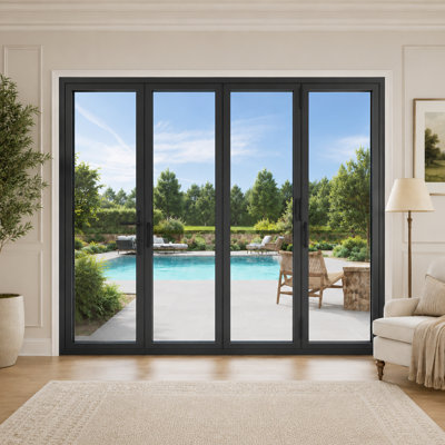 144"W x 80"H Right Outswing Black Double Tempered Glass Aluminum Folding Patio Door 3+1