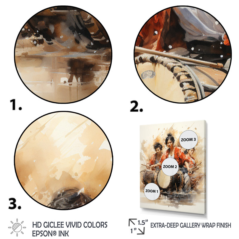 «Deaneen Japon Art Taiko Drumming» sur toile, H 32 po x l 16 po x P 1 po, Cadre flottant noir