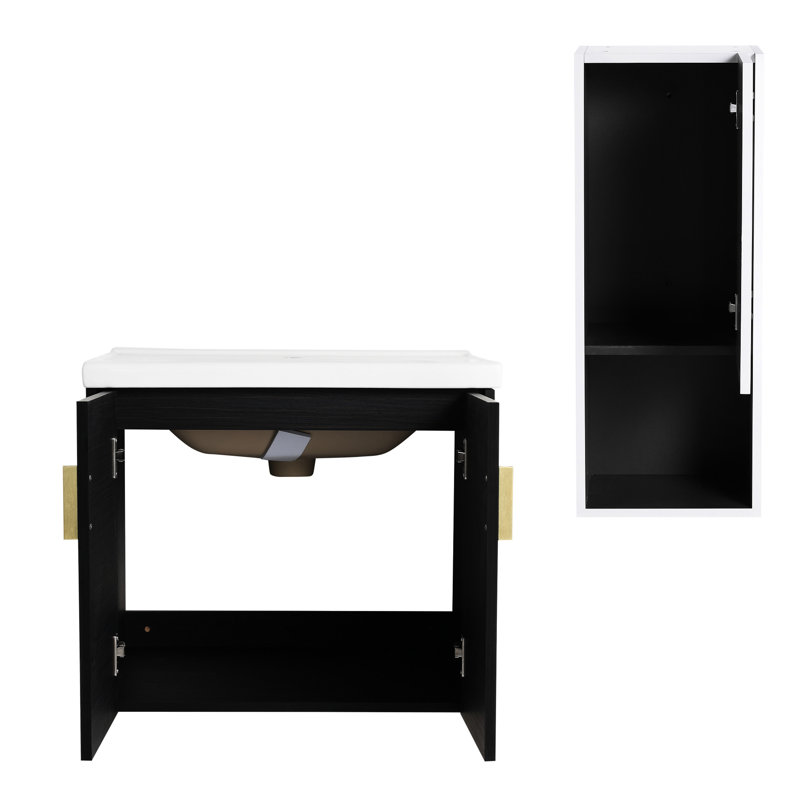 Meuble-lavabo moderne avec lavabo en céramique et boîte latérale - 24 po style châtaignier noir et armoire, 24"