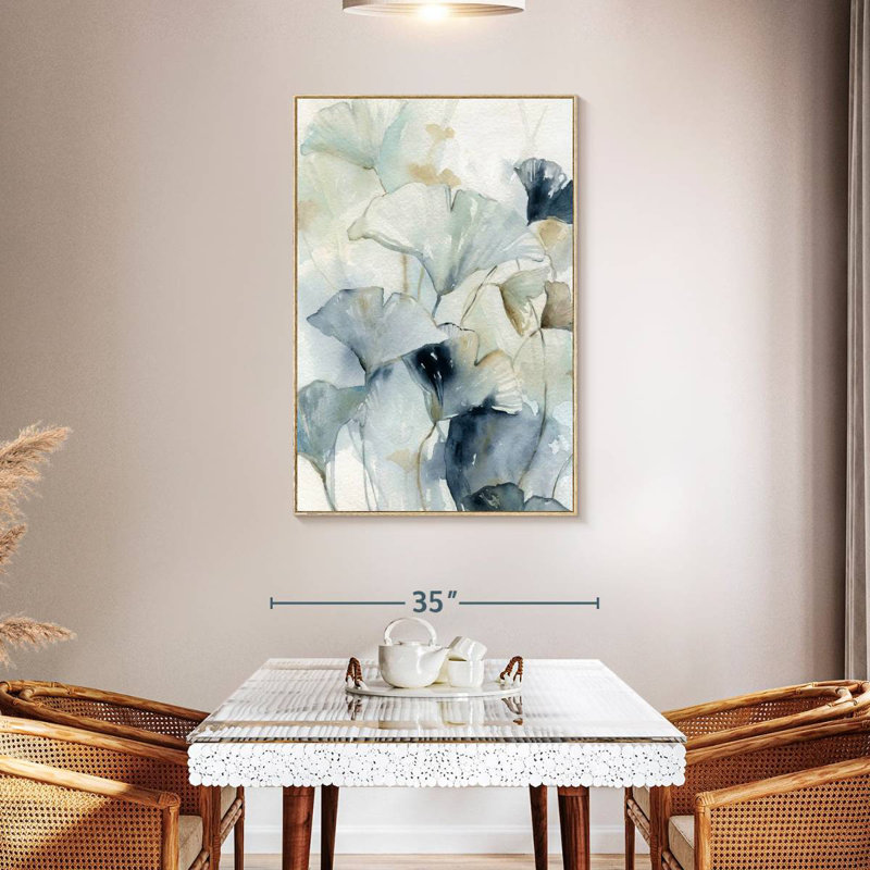 Indigo ginkgo I, Floating Frame Natural Wood, 31" x 46"
