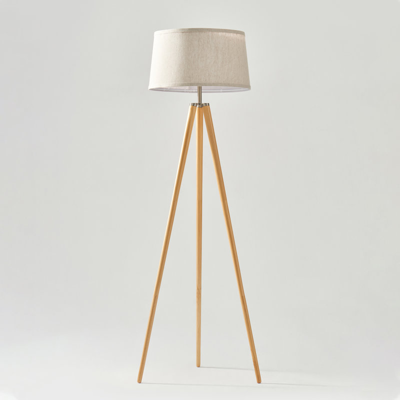 Emma 61 in. Mid-Century Modern LED Energy-Efficient Floor Lamp with Fabric Drum Shade and Tripod Wooden Legs, Wood