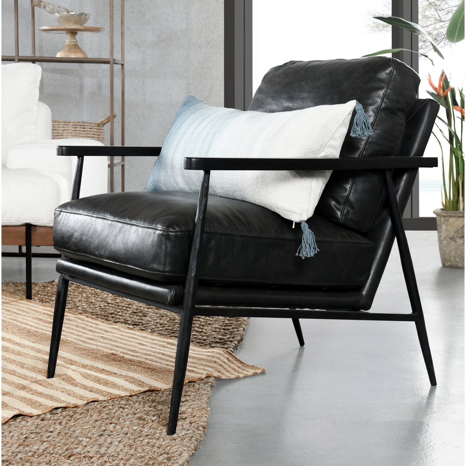 Classic Home Arnold Genuine Leather Armchair, Black/Black